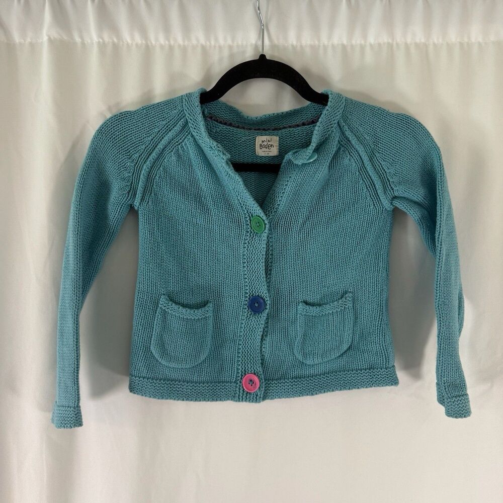 Mini Boden Cardigan Girls 5-6 Years Blue Knit 3 Button Front Pockets Cotton Blen